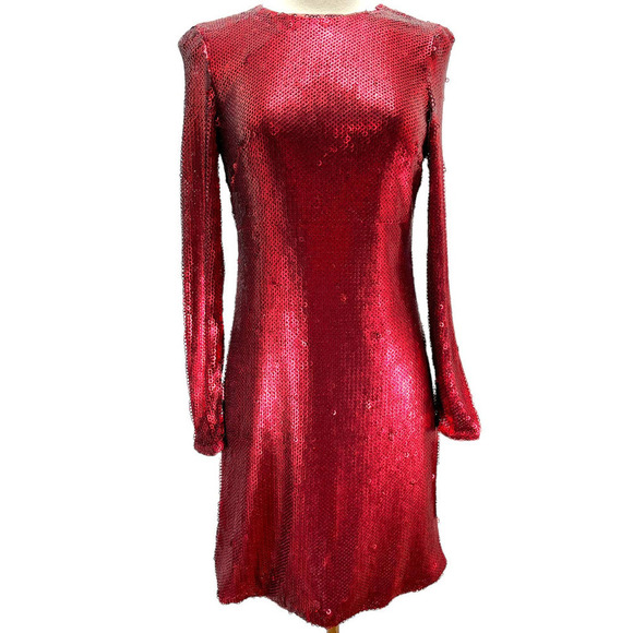 Monique Lhuillier NWT Long Sleeve Red Open Back Sequin Cocktail Mini Dress 6 - Picture 4 of 16